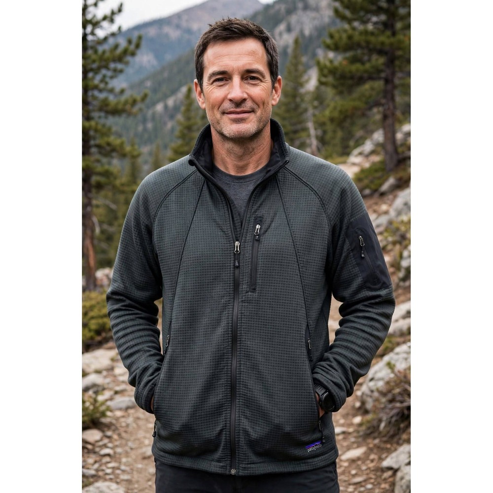 Patagonia Mens XL R1 Regulator Full Zip Fleece Jacket Gray Grid Waffle Pattern